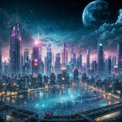 夜間に光る摩天楼が立ち並ぶ未来的なメトロポリスの夜景の写真