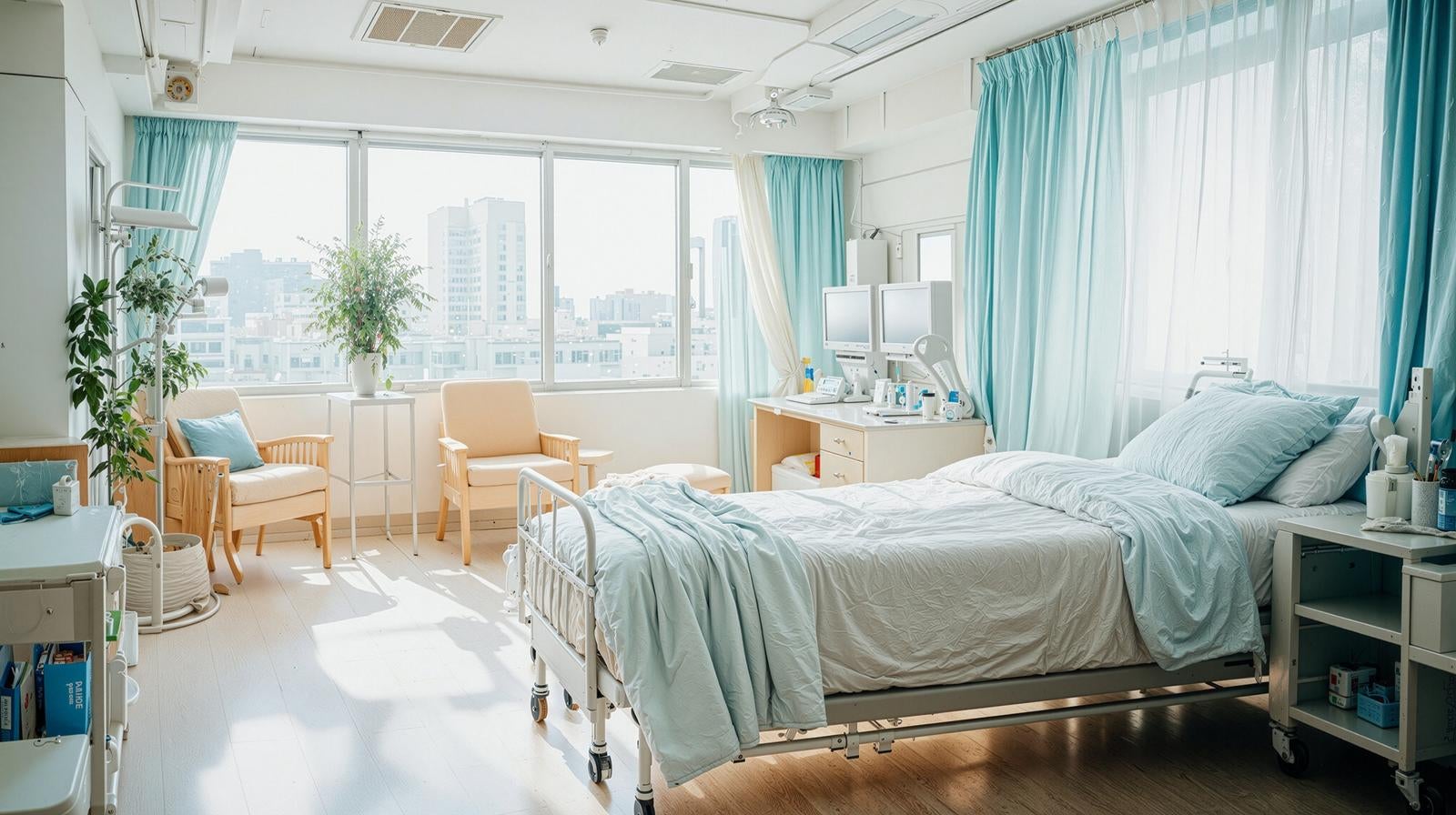 「朝光に満たされる清潔な病院個室」の写真