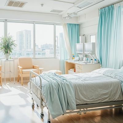 朝光に満たされる清潔な病院個室の写真