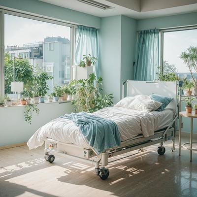 緑あふれる窓辺に囲まれた癒やしの病室の写真