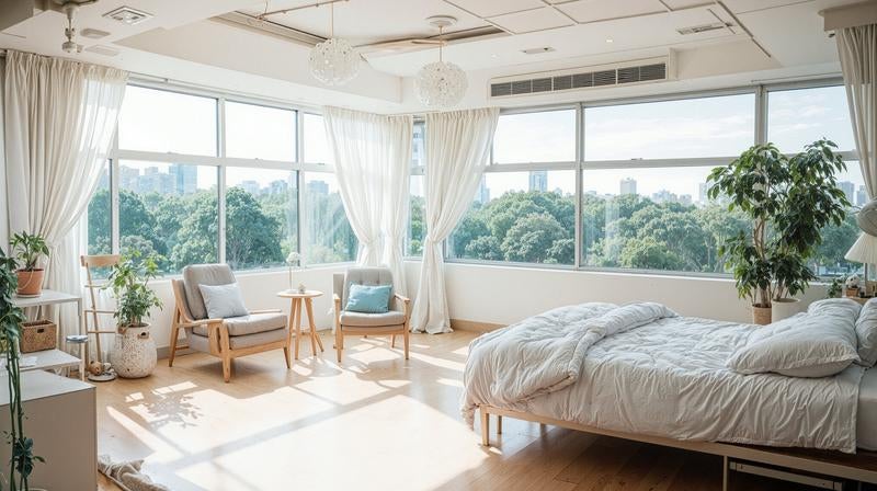 白いカーテンと木漏れ日が包む病室の写真