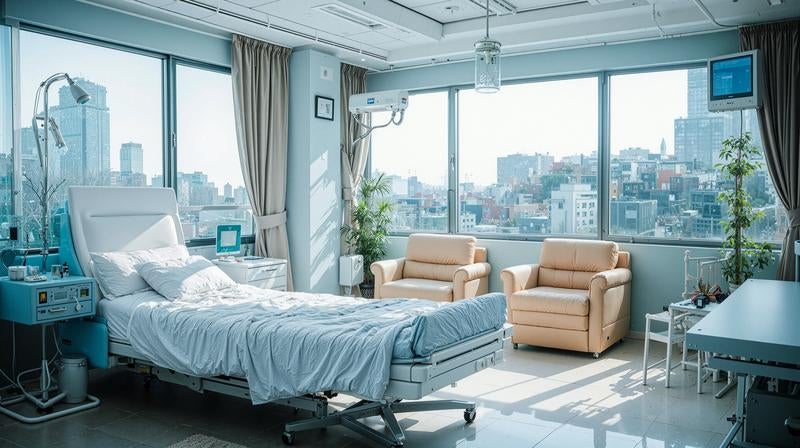 大きな窓から都市のビル群を望む開放感あふれる病室の写真