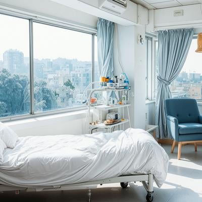 外の景色を眺められるベッドがある病室の写真