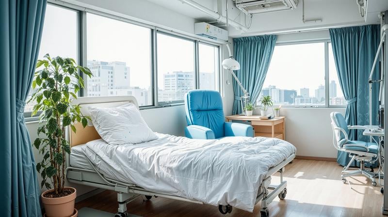 清潔感あふれる白いベッドと水色カーテンの病室の写真