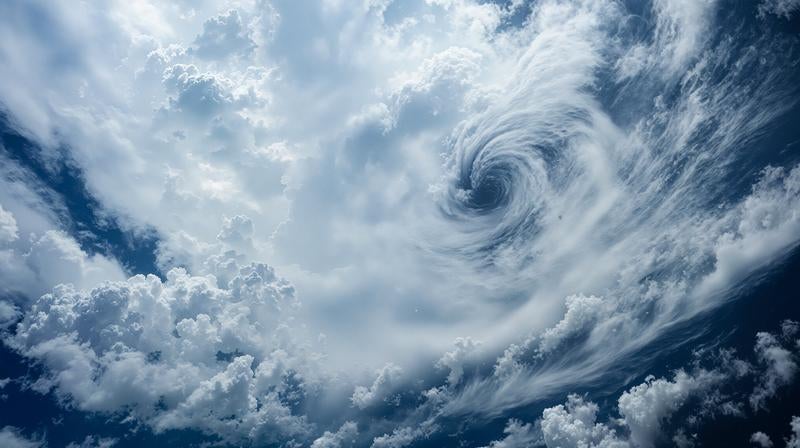 青空を背景に渦を巻くように広がる雲の写真