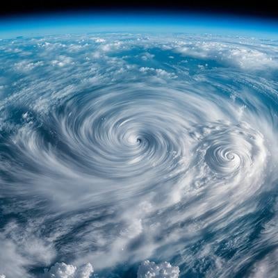 宇宙から見た巨大な二つの台風の渦の写真