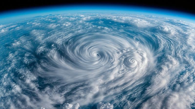 宇宙から見た巨大な二つの台風の渦の写真
