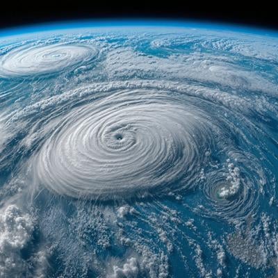複数の巨大な台風が同時に発生している様子の写真