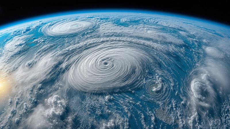 複数の巨大な台風が同時に発生している様子の写真