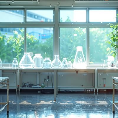 朝の光が差し込む理科室風の実験台の写真