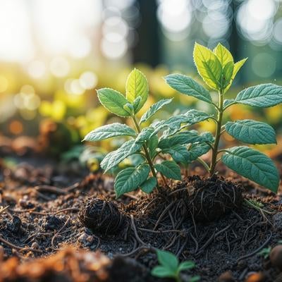 土の温もりを受けて息吹く若い植物の写真