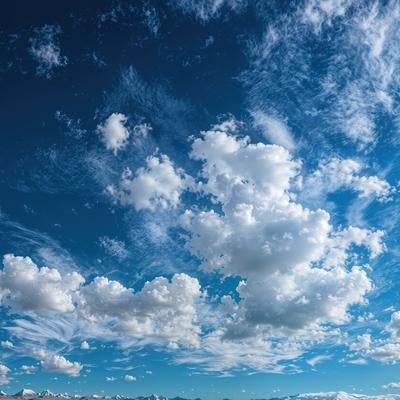晴れわたる大空と浮かぶ白い雲の写真