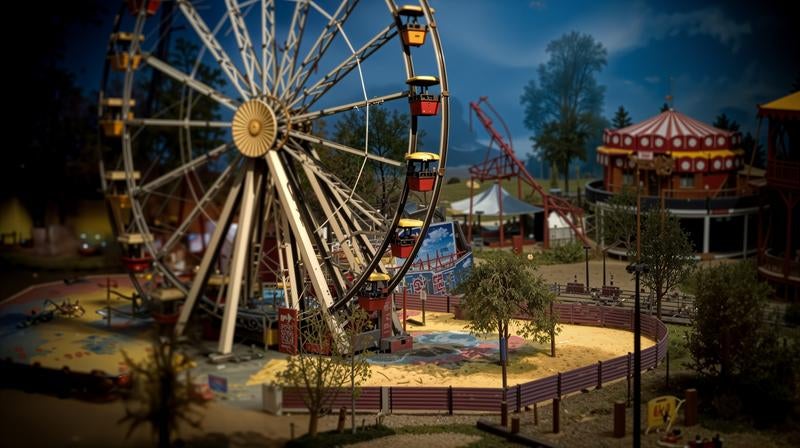 ジオラマ風に加工された遊園地の観覧車とメリーゴーランドの写真