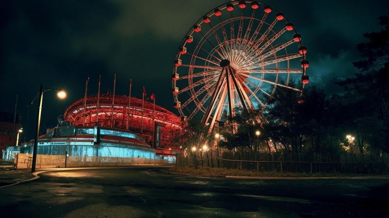 不気味な観覧車の廃遊園地の写真