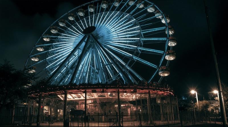 観覧車の灯りとともに広がる夜の遊園地の写真