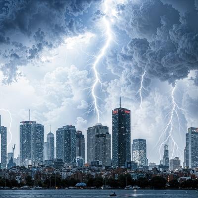 暗雲立ち込める都市に降り注ぐ無数の稲妻の写真