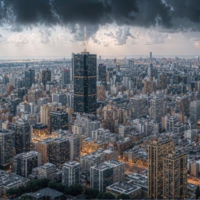 巨大な都市を見下ろすように蠢く雲の写真