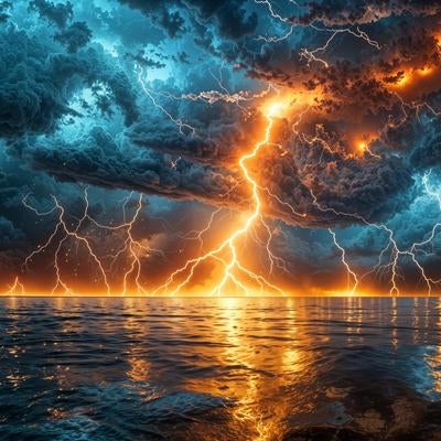 海を貫く閃光と雷鳴と共に現る天空の裂け目の写真