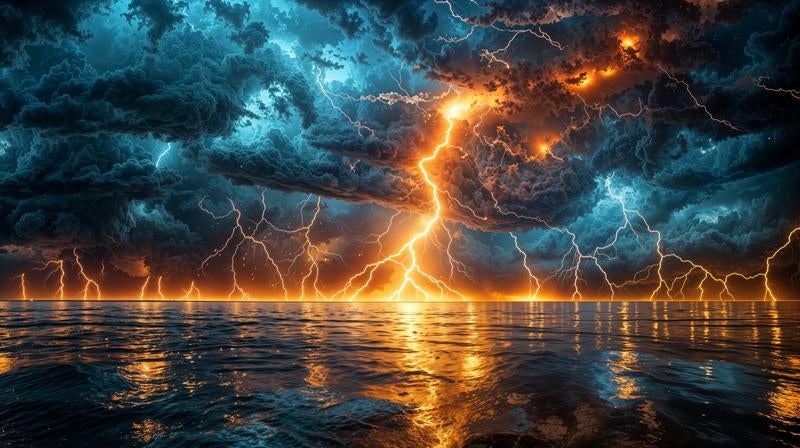 海を貫く閃光と雷鳴と共に現る天空の裂け目の写真