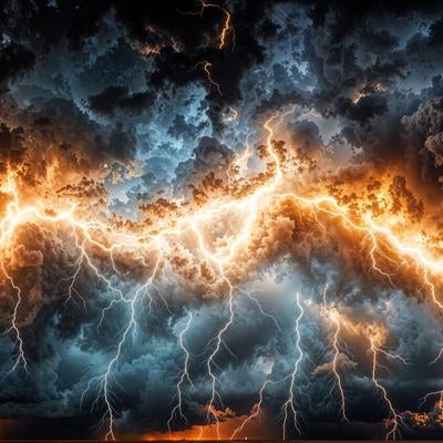 水平に走る稲妻と空を切り裂く雷光の素材
