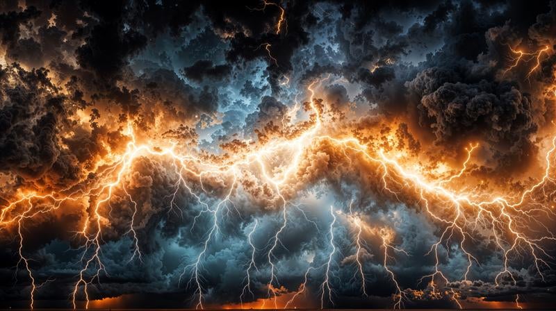 水平に走る稲妻と空を切り裂く雷光の写真