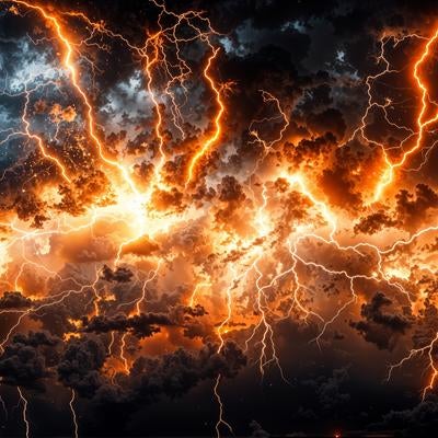 暗雲を引き裂くように光る無数の稲妻の写真