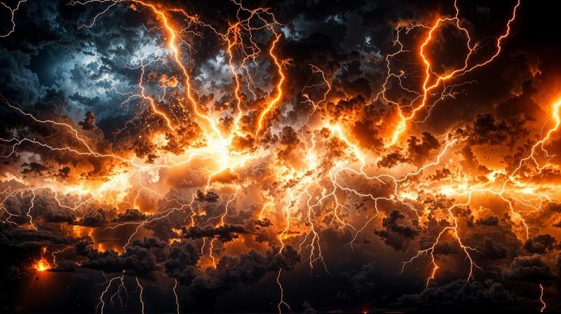 暗雲を引き裂くように光る無数の稲妻の写真
