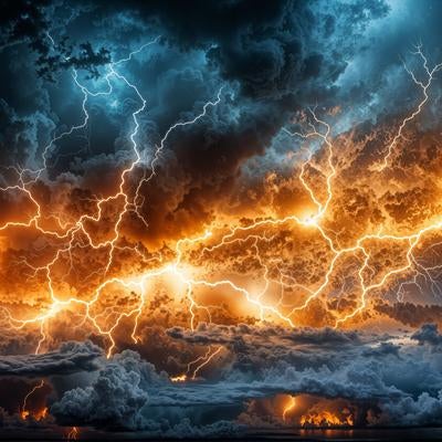 無数の稲妻が走る壮大な雷雲の写真