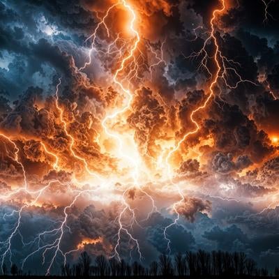 炎のような稲妻が縦横に走る壮絶な雷雲の写真