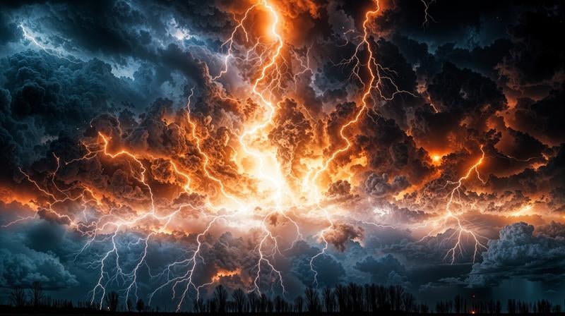 炎のような稲妻が縦横に走る壮絶な雷雲の写真