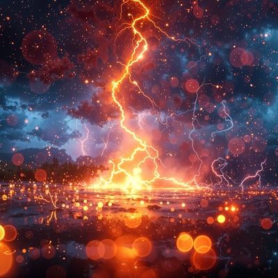 湖面に降り注ぐ閃光と揺らめく火花の写真