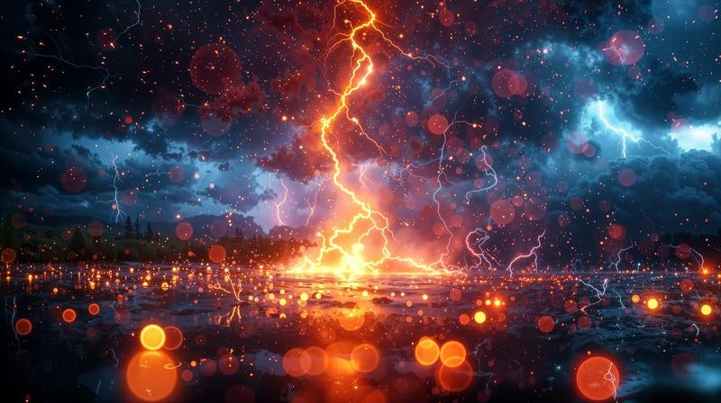 湖面に降り注ぐ閃光と揺らめく火花の写真