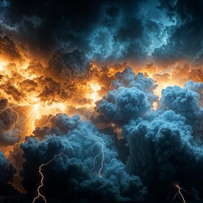 積乱雲を内部から照らす雷の写真