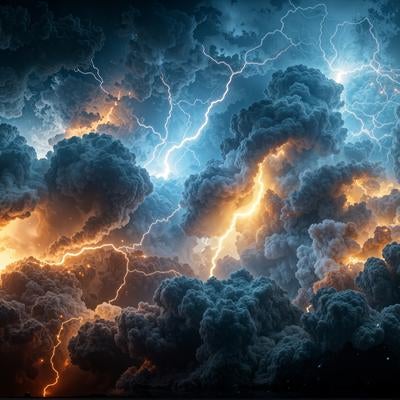 暗雲と稲妻が激しく交差する嵐の空の写真