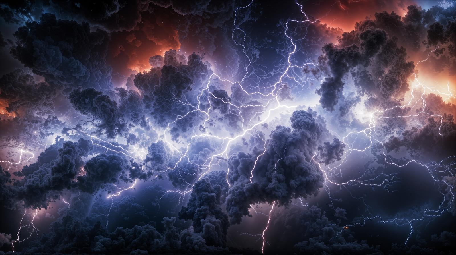 「黒々とした積乱雲の中で交錯する無数の稲妻」の写真