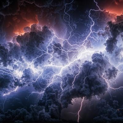 黒々とした積乱雲の中で交錯する無数の稲妻の素材