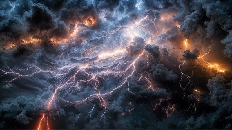 縦横無尽に走る壮大な無数の稲妻の写真