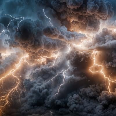 空を埋め尽くす空を埋め尽くす雷雲と無数の稲妻の写真