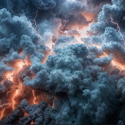 巨大な積乱雲の奥深くで激しく走る稲妻の写真