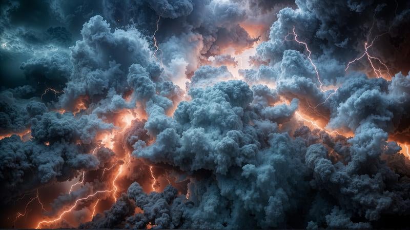 巨大な積乱雲の奥深くで激しく走る稲妻の写真