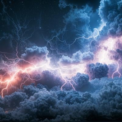 星空の下で積乱雲が激しく渦巻く様子の写真