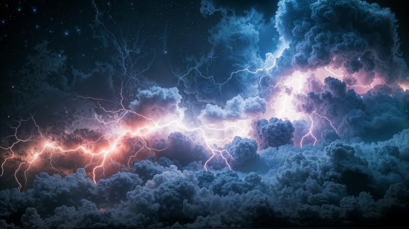 星空の下で積乱雲が激しく渦巻く様子の写真