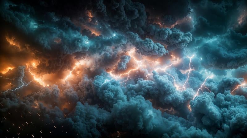 雷光が複雑に枝分かれしながら走るの写真