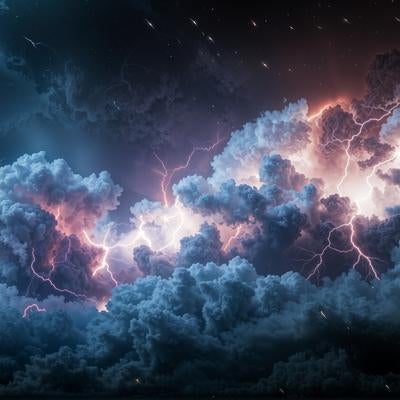 夜空を覆う紫電の積乱雲の写真