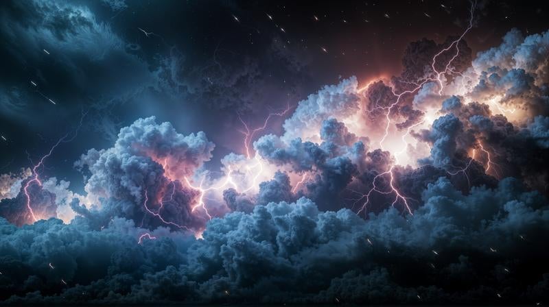 夜空を覆う紫電の積乱雲の写真