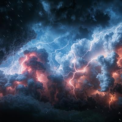 分厚い雷雲の内部で発生した大量の稲妻の写真