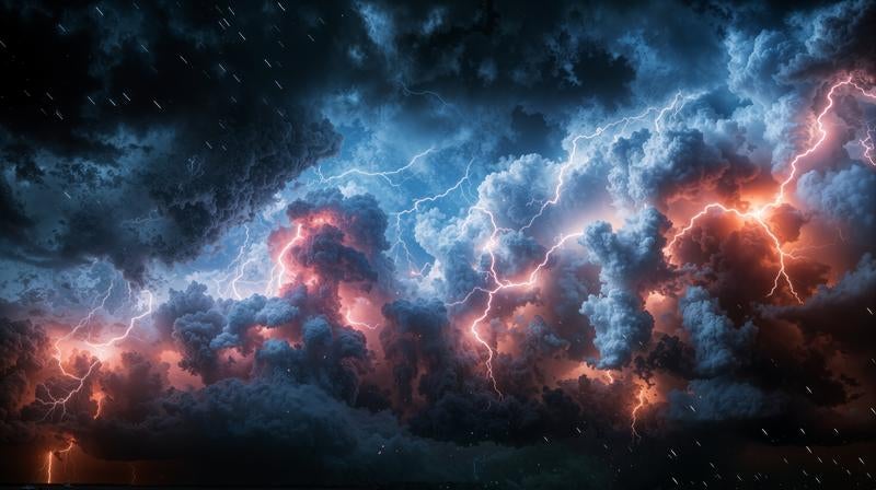 分厚い雷雲の内部で発生した大量の稲妻の写真