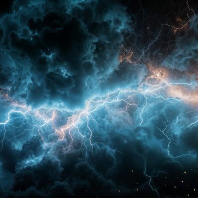 厚く渦巻く暗雲の中を走る青白い雷の写真