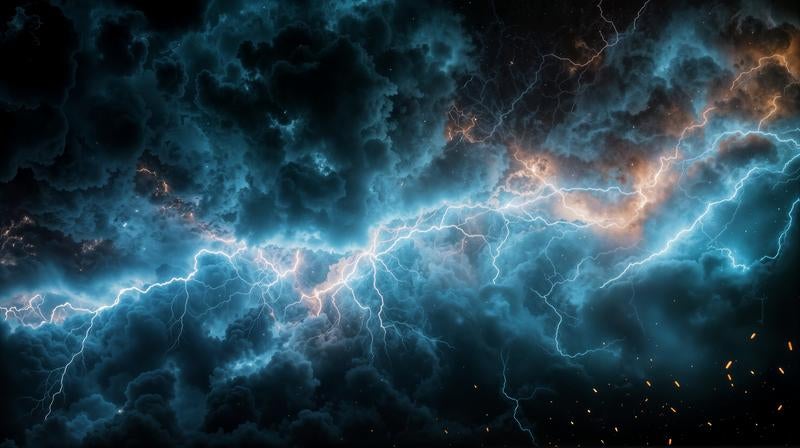 厚く渦巻く暗雲の中を走る青白い雷の写真