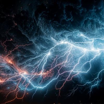 闇を貫く蒼白の稲妻と赤き閃光の写真